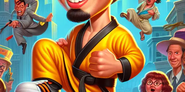 A young boy in a playful martial arts outfit poses humorously on a lively urban street filled with laughter and chaos.