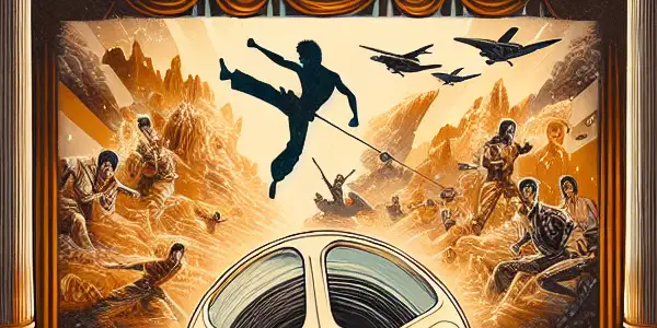 A nostalgic movie poster featuring a vintage cinema hall, film reel, and iconic retro films from the 70s and 80s.