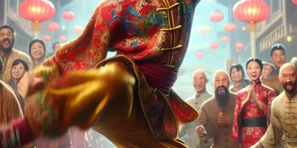 A young martial arts star performs a dynamic pose on a vibrant film set, surrounded by an excited audience.