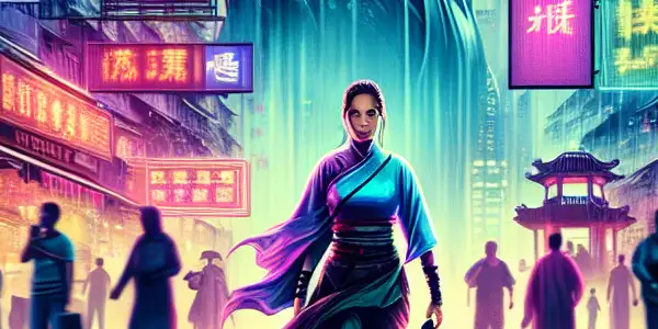 A confident woman in a bustling 1990s Hong Kong setting, illuminated by neon lights, embodies resilience and determination.
