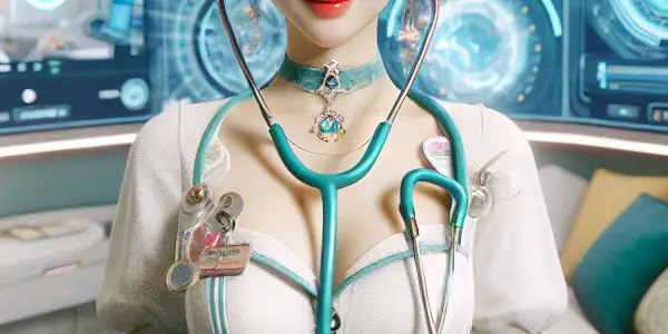 A whimsical virtual nurse in a cozy, colorful room, engaging in playful online interactions.