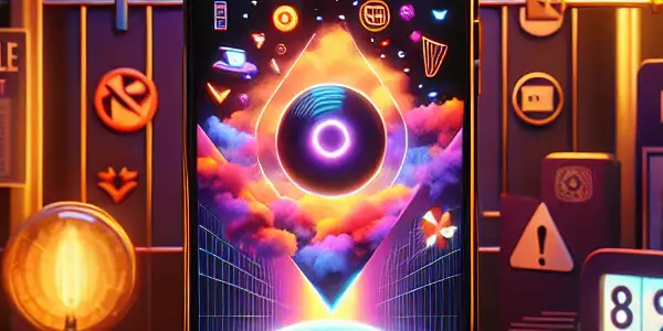 A modern mobile phone on a stylish desk, displaying abstract adult content with hints of privacy and safety elements.