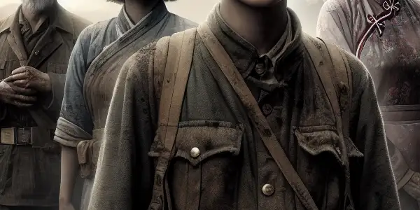 A tense battlefield scene featuring a resilient revolutionary girl and her supportive family during a war.<a href=