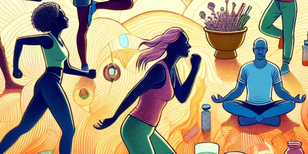 A lively park scene featuring diverse adults practicing yoga, jogging, and meditating, symbolizing vitality and holistic wellness.