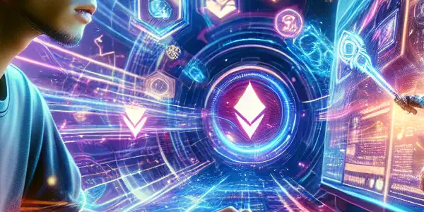 A futuristic gaming environment with a focused character, neon colors, and elements symbolizing seamless, lag-free transactions.