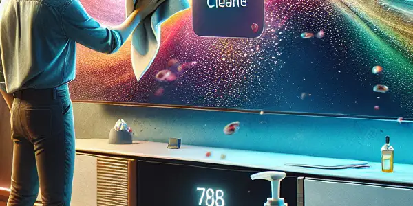 A modern living room with a person cleaning a TV screen, highlighting hygiene and efficient AV usage.