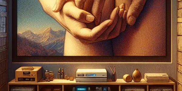 A cozy home theater showcasing a classic Japanese film, with symbols of emotion and connection.