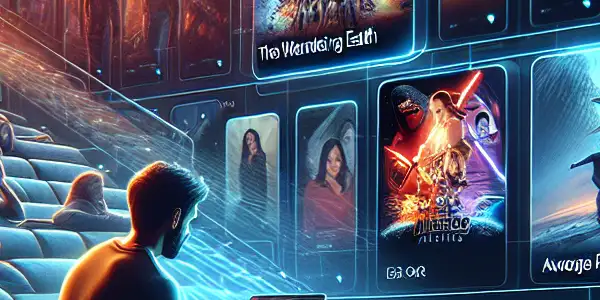 A user-friendly online movie platform with vibrant film thumbnails, a cozy couch setting, and cinematic elements like popcorn.