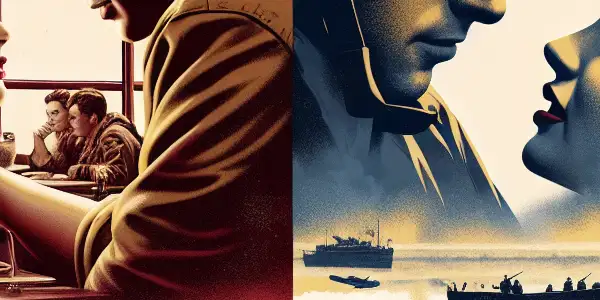 A dramatic poster blending scenes of romance and heroism from classic World War II films.