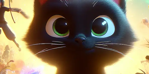 A playful black cat demon in a magical landscape battles whimsical creatures alongside friends, showcasing friendship and adventure.
