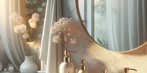 An intimate bathroom scene featuring elegant personal care products, soft lighting, and natural elements for a relaxing atmosphere.