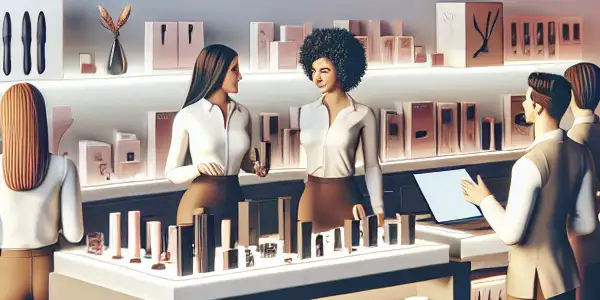 A modern adult toy shop interior featuring diverse products, warm lighting, and a friendly customer service representative.