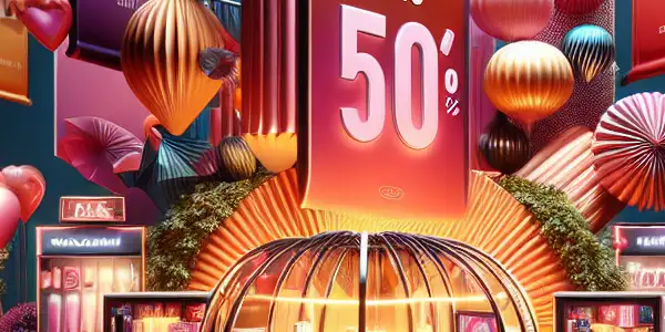 A lively shopping scene showcasing vibrant discounts on intimate products, with enthusiastic shoppers and colorful promotional banners.