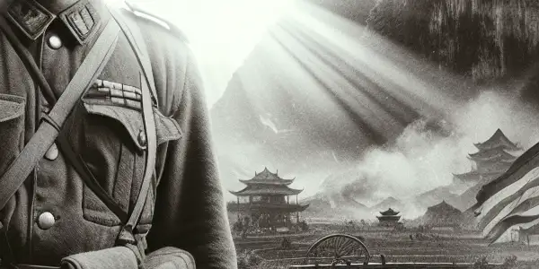 A heroic PLA soldier stands resolutely on a rugged battlefield, symbolizing unity and perseverance during the Chinese Civil War.