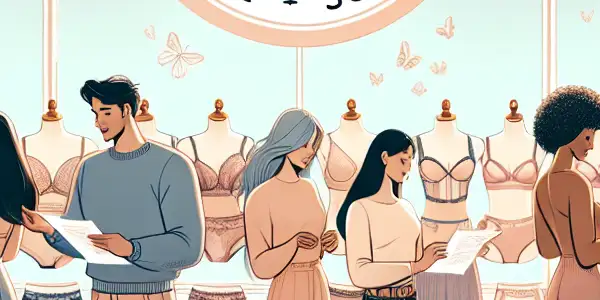 A stylish boutique interior showcasing diverse individuals confidently exploring safe adult lingerie options with certification labels.