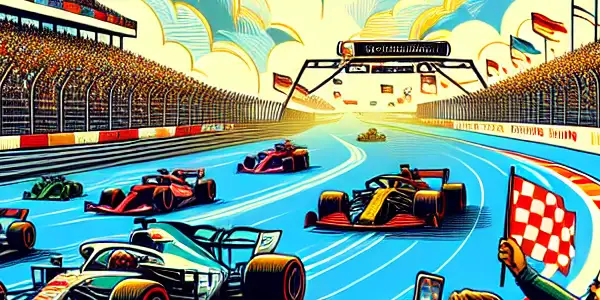 A lively racing event with high-speed cars, cheering fans, and a diverse group discussing the "Extreme Passion Membership."