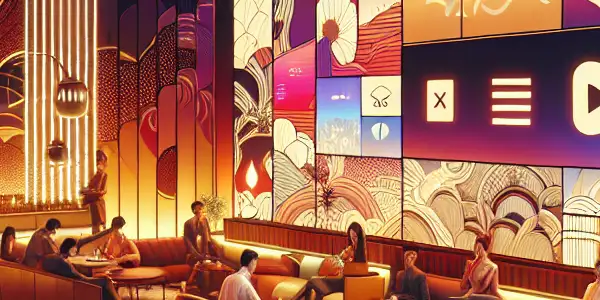 A modern digital lounge where diverse individuals enjoy exclusive adult content on high-definition screens in a cozy atmosphere.