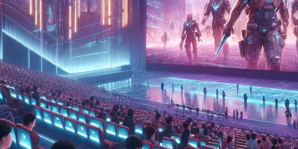 Futuristic cinema interior with high-tech seating, neon lights, a digital movie poster, and a diverse, excited crowd.