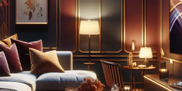 A cozy, dimly lit living room with a high-definition screen, plush furniture, snacks, and a focus on online privacy.