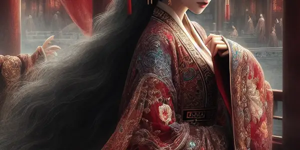 A tragic love scene in an opulent Tang Dynasty palace, featuring Yang Guifei and Emperor Xuanzong amidst looming chaos.