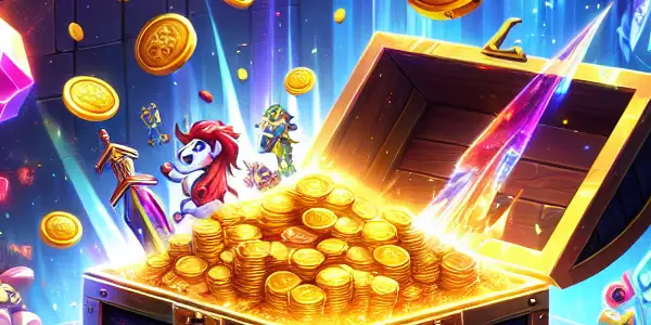 A vibrant treasure chest overflowing with gaming items, set in a dynamic, energetic gaming environment.
