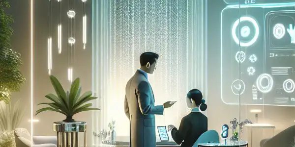 A modern, serene adult care environment featuring advanced technology and a caregiver interacting with a client in a respectful manner.