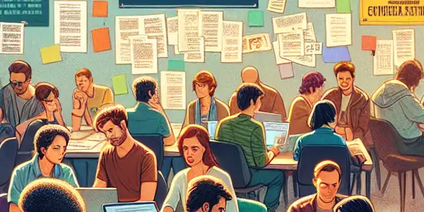 A vibrant film industry office filled with aspiring screenwriters working on scripts, surrounded by inspirational posters and collaborative discussions.