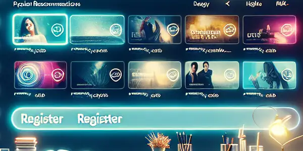 A modern adult content platform interface displayed on a high-resolution screen in a cozy, dimly-lit room.