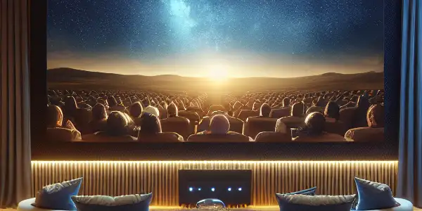 A modern home theater with sleek seating, a large screen, ambient lighting, and movie memorabilia.