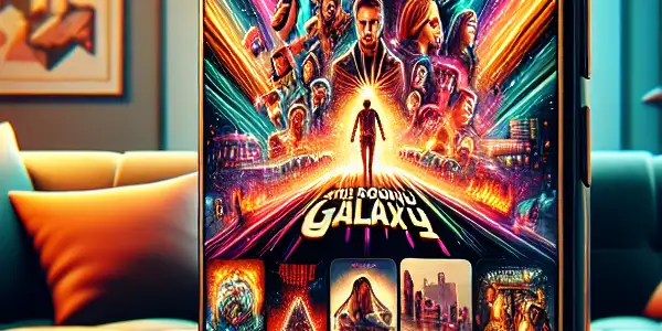 A smartphone displaying a movie streaming app in a cozy living room with popcorn, tea, and warm lighting.