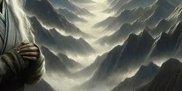 A young woman with white hair stands in a rugged mountain landscape, embodying despair and resilience against oppression.