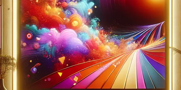 A vibrant modern living room featuring a stylish TV displaying abstract adult visuals and elements of Japanese AV culture.