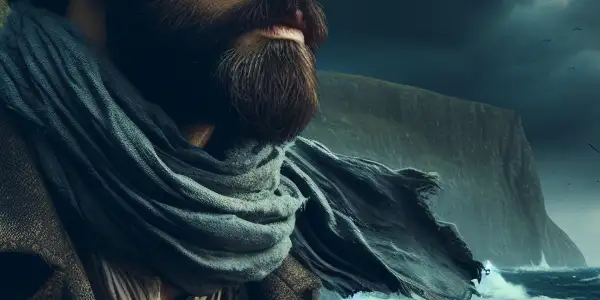 A rugged man stands on a cliff, gazing at a stormy ocean, symbolizing his internal struggles and exile.