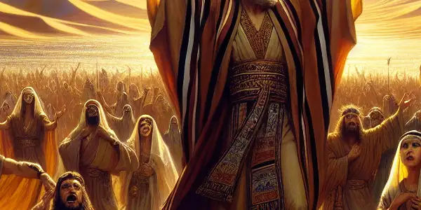 Moses leads a diverse group of Israelites through towering sand dunes, with the Red Sea parting dramatically behind them.