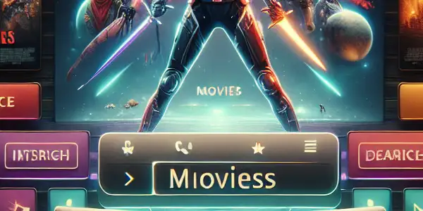 A cozy home cinema scene featuring a modern digital interface with diverse movie posters, including "Alita," and nostalgic elements.