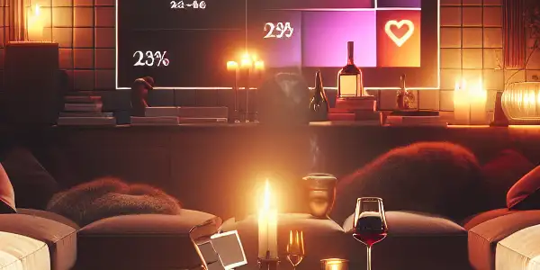 A cozy, dimly lit room with a tablet displaying adult content, wine, candles, and a sense of privacy.