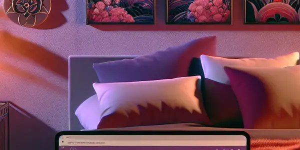 A cozy bedroom scene featuring a laptop displaying exclusive discounts on adult films, surrounded by intimate decor.