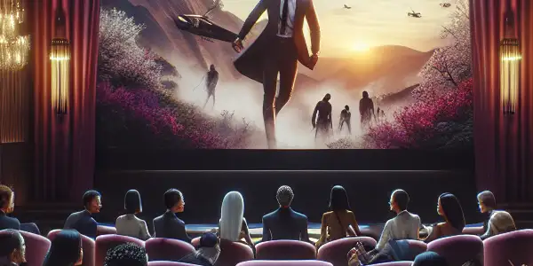 A modern viewing room with diverse viewers captivated by a film, featuring luxurious decor and an intimate atmosphere.