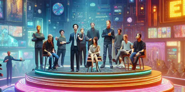 Futuristic Japanese film set showcasing diverse actors and advanced VR technology in the evolving adult entertainment industry.