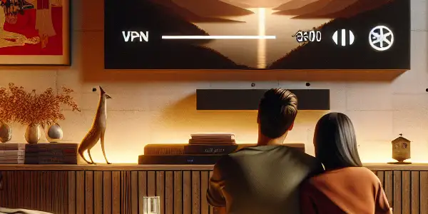 A cozy living room scene featuring a couple enjoying adult entertainment, with warm lighting and inviting decor.