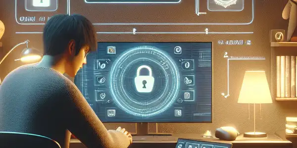 A cozy home office with an individual organizing a collection of adult films and digital storage, emphasizing privacy and safety.