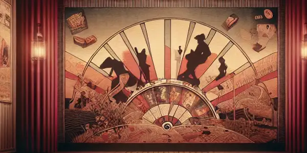 A vintage cinema scene featuring plush red seats, a film reel silhouette, and nostalgic movie posters, evoking 1970s adult film culture.