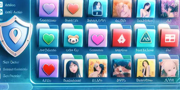 A modern computer interface showcasing organized adult content with security symbols in a cozy home office setting.