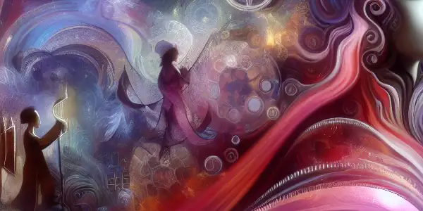 A vibrant, dream-like scene featuring a charismatic performer in fusion attire, surrounded by abstract shapes and iconic adult film elements.