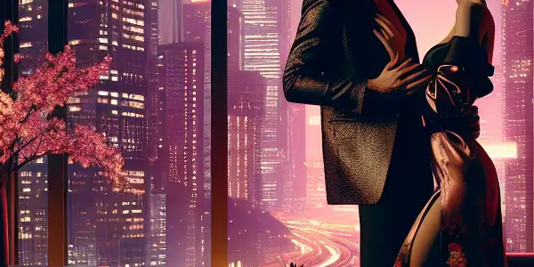 A sensual couple in a luxurious apartment, with a neon cityscape backdrop, blending Western and Japanese cultural elements.