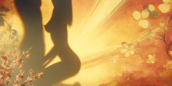 A serene, intimate scene featuring a couple's silhouette in a traditional Japanese room with soft lighting and decor.