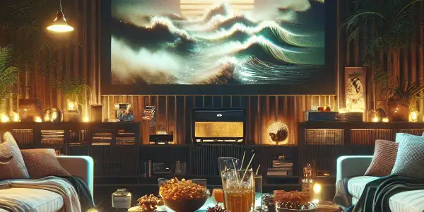 A cozy living room with vintage decor, featuring a large screen displaying abstract visuals and cultural film posters.