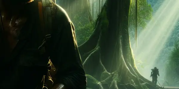 A rugged survivor in a vibrant forest faces challenges while connecting with a fellow survivor amidst nature's dangers.