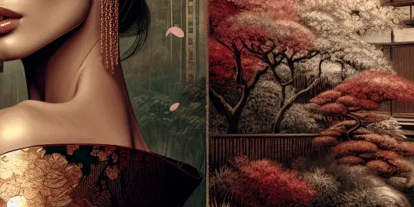 An elegant Japanese woman in a silk kimono stands in a romantic garden with cherry blossoms and a serene pond.