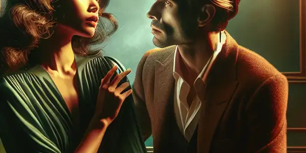 A passionate moment between a middle-aged woman and a young man in a cozy, dimly lit room.